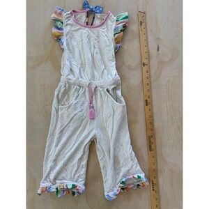 Matilda Jane Girls Confetti Rainbow Ruffle Jumpsuit Cream Size 4 boutique Cute